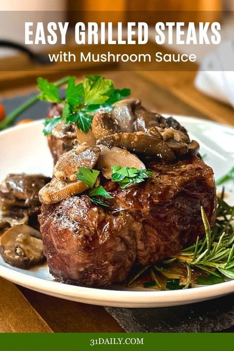 Indulge in this delicious and easy recipe for Grilling Steaks with Garlic Butter Mushroom Sauce. It is one of the easiest meals you can make. And for steak lovers, it is the ultimate dinner! Easy? Absolutely! Just a few simple steps and a handful of ingredients, and you're on your way to the tender, juicy, perfectly grilled steaks smothered in a delicious 3 ingredient mushroom sauce! Steak And Pasta, Healthy Sauce Recipes, Grilling Steaks, Mushroom Sauce Steak, Easiest Meals, Mushroom Cream Sauce, Grilled Steaks, Mushroom Sauce Recipe, Healthy Sauces