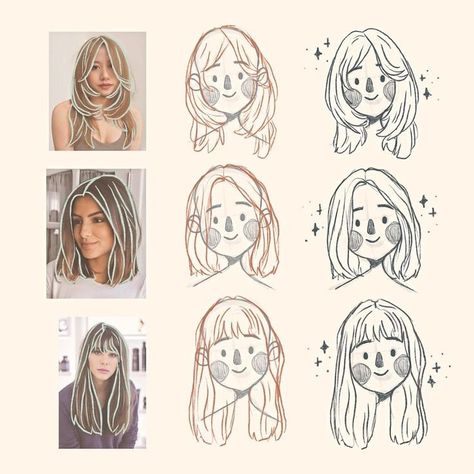 Illustration Reference Photos, How To Draw Hair Cartoon Style, Character Drawing Styles, Hair Shapes Drawing, How To Draw Cute Characters, Hair Styles To Draw, How To Draw Straight Hair, Drawing How To, Straight Hair Drawing Reference