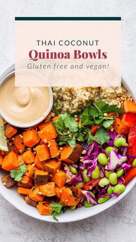 Thai Coconut Quinoa Bowls (g/f & vegan) - Fit Foodie Finds Quinoa Edamame Bowl, Shelled Edamame, Perfect Quinoa, Coconut Quinoa, Homemade Peanut Sauce, Quinoa Bowls, Fit Foodie Finds, Healthy Bowls Recipes, Power Bowls