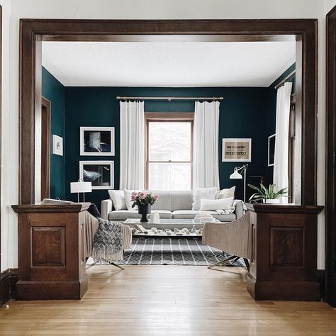 Dark Teal Walls, Dark Woodwork, Painted Woodwork, Craftsman Interior Design, Dark Wood Trim, Craftsman Home Interiors, Craftsman Interior, Dark Blue Walls, Teal Walls