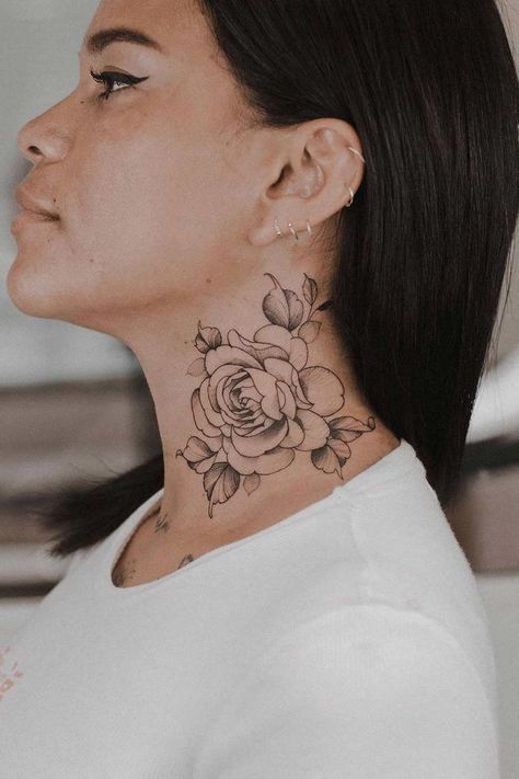 Neck Tattoos For Women, Rose Neck Tattoo, Flower Neck Tattoo, Front Neck Tattoo, Full Neck Tattoos, Small Neck Tattoos, Side Neck Tattoo, Timeless Tattoo, Throat Tattoo