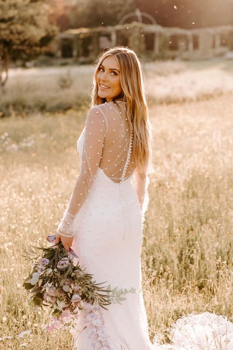 Sheer Pearl Overlay for Bride in Low Back Wedding Dress Bridesmaids In White, Lilac Wedding Flowers, Pearl Wedding Accessories, Princess Bride Dress, Standing In A Field, Couture Bridesmaid Dresses, Low Back Wedding Dress, Pearl Wedding Dress, Bride Dress Lace