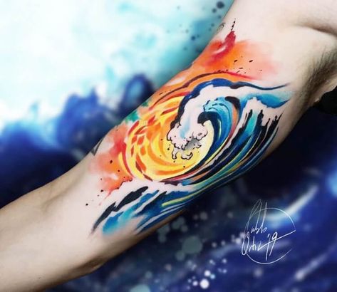 Kanagawa Wave tattoo by Pablo Ortiz Tattoo | Photo 28858 Kanagawa Wave Tattoo, Watercolor Wave Tattoo, Japanese Waves Tattoo, Japanese Wave Tattoos, Tattoo Large, Watercolor Wave, Water Tattoo, Wave Tattoo, Fire Tattoo