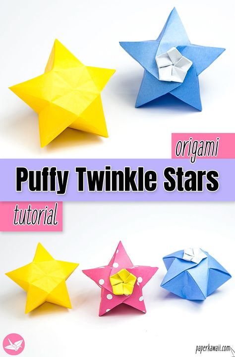 origami-twinkle-star-tutorial-paper-kawaii-pin Mini Paper Stars Tutorial, Easy Origami For Kids Step By Step, 3d Paper Stars Diy, Origami With Square Paper, Origami Spaceship, Origami Stars Step By Step, Paper Stars Tutorial, Oragami Star, Origami Idea