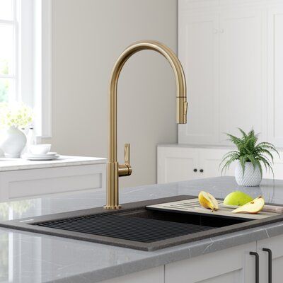 Kraus Oletto Kitchen Faucet, Black Sink Golden Faucet, Black Kitchen Sink Gold Faucet, Brushed Brass Kitchen Faucet, Wildflower Kitchen, Brass Faucet Kitchen, Modern Kitchen Faucets, Gold Kitchen Faucet, Best Kitchen Faucets