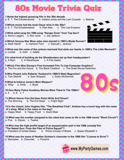 Free Printable 80s Movie Trivia Quiz with Answer Key 80s Trivia Printable, 80s Trivia Questions, Trivia Answer Sheets Free Printable, Printable Games For Adults Free, 80s Trivia With Answers, Movie Quiz Questions And Answers, Adult Trivia Questions And Answers, Trivia Night Theme Ideas, Summer Trivia Questions And Answers