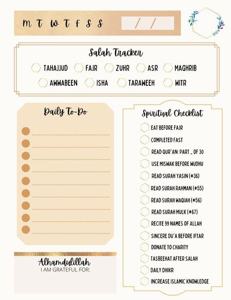 Ramadan Planner Journal Template | Salah Tracker | Prayer Tracker | Spiritual Checklist Journal Checklist, Salah Tracker, Prayer Tracker, Ramadan Printables, Ramadan Planner, Ramadan Tips, Daily Planner Design, Planner Calendar Printables, Weekly Planner Free Printable