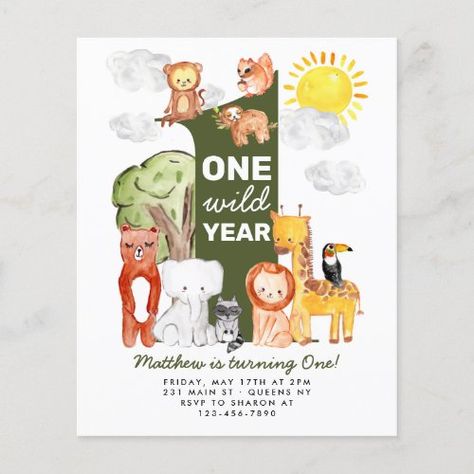 $1.22 | Cheap Forest Animals ONE Wild Year Kids Birthday - one wild year wild one, budget birthday invitation, 1st first birthday, jungle safari birthday, wild baby party animals, giraffe elephant lion monkey sloth, cheap children birthday party invitation, kid boy girl birthday invitation, zoo forest woodland adventure camping, one year old One Wild Year, Woodland Adventure, Budget Birthday, Birthday Note, Animals Giraffe, Jungle Safari Birthday, Wild Baby, Birthday Postcards, Adult Birthday Invitations