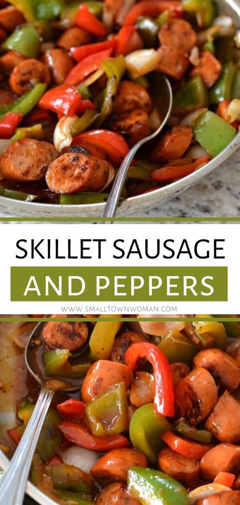 An easy sausage recipe perfect as a busy family meal that can be on the table in less than thirty minutes! This Skillet Sausage and Peppers with Sauce has a winning combination of sweet chicken sausage, crisp bell peppers, and onions. Save this dinner recipe for later! Sausage And Peppers With Sauce, Smoked Sausage And Peppers, Sausage And Peppers Skillet, Busy Family Meals, Easy Sausage Recipes, Sweet Chicken, Sausage Recipe, Sausage And Peppers, Chicken Sausage