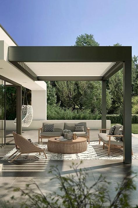 Bioclimatic Pergola with Louvered Roof | R-BLADE™ by Azenco Pergola Modern, Modern Pergola Designs, Louvered Roof, Modern Gazebo, Roof Garden Design, Rooftop Terrace Design, Rooftop Design, Modern Pergola, Outdoor Deco