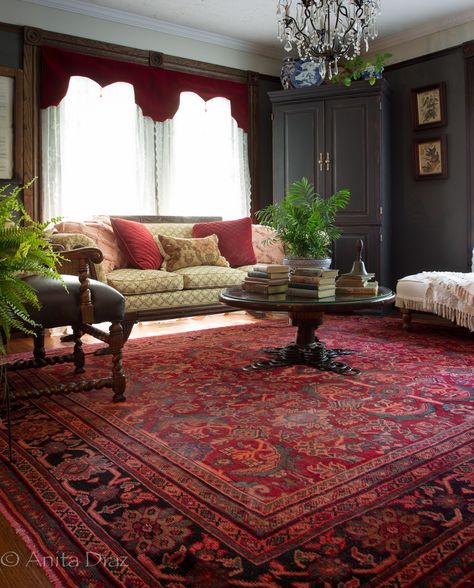 Red Rug In Living Room, Red Rug Decor, Red Rug Room, Dark Red Rug Living Room, Red Carpet Home Decor, Red Orientalist Rug Living Room, Red Rug Living Room Decor, Red Persian Rug Living Room, Persian Home Decor