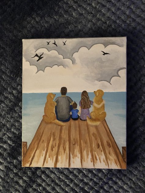 Acrylic Painting of a family & their Golden’s on a dock...custom to each family! Cute Family Painting Ideas, Dock Paintings, Famous Acrylic Paintings, Canvas Painting Family, Family Painting Ideas, Family Acrylic Painting, Painting Of Family, Ski Painting, Mini Tela