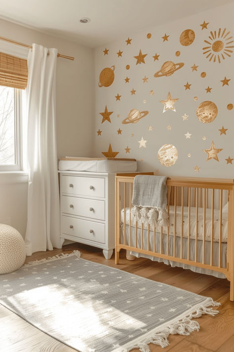 40 Adorable Neutral Nursery Designs for Your Baby Gender Neutral Nursery With Wallpaper, Nursery Room Themes Neutral, Happy Nursery Ideas, Nursery Ideas Space Theme, Neutral Baby Room Colors, Celestial Baby Nursery, Space Nursery Theme Girl, Witchy Nursery Ideas, Girl Space Nursery