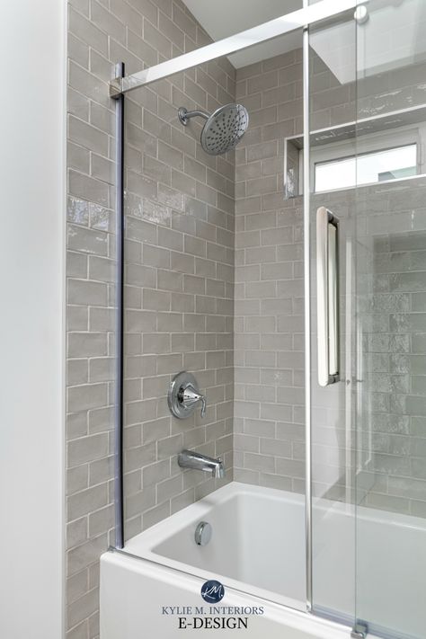 Bathroom, warm gray greige subway tile ... Glass Tile Shower Ideas, Subway Tile Ideas, Glass Subway Tile Bathroom, Brown Grout, Glass Tile Shower, White Subway Tile Bathroom, Kylie M Interiors, Dark Grout, Gray Tile Backsplash