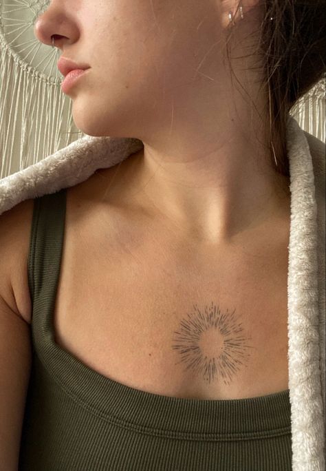 Sun On Chest Tattoo, Chest Sun Tattoo, Sun Chest Tattoo Female, Sun And Moon Chest Tattoo, Sun Tattoo Chest, Star Burst Tattoo, Sun Chest Tattoo, Sun Sternum Tattoo, Center Chest Tattoo