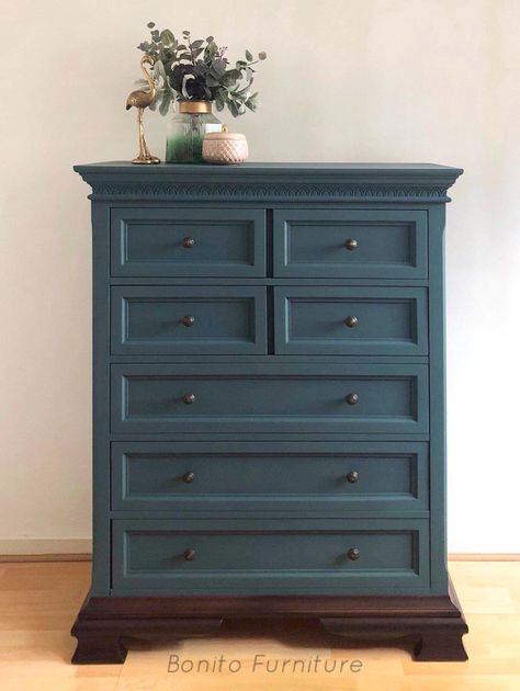 Vintage Teal Drawers With Ivory Gloss Furniture Revamp, White Dresser Teal Drawers, Painted Living Room 3 Drawer Short Chest, Dark Green Teal Dresser, Teal Wardrobe Furniture, Blue Tall Boy Dresser, Black Hutch Teal Handles, Dark Teal Chalk Paint Furniture, Teal Dresser Nursery