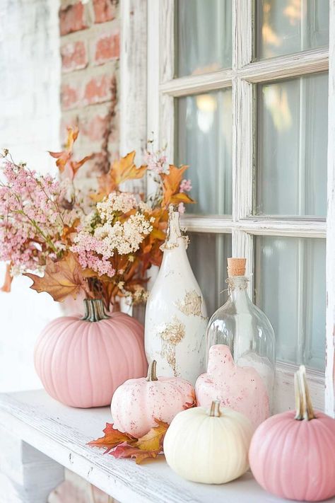 fall_decor_pink (24) Pink Fall Mantle Decor, Pink Fall Front Porch, Pink And White Fall Decor, Fall Decor Pink And Orange, Girly Fall Decor, Pink And Orange Fall Decor, Pink Fall Baby Shower, Fall Decor Pink, Pastel Fall Decor