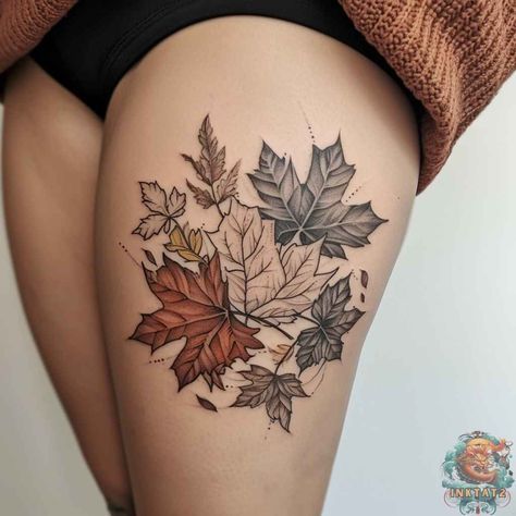 Pumpkin Leaves Tattoo, Fall Tattoo Black And White, Fall Leaves Tattoo Black, Fall Foliage Tattoo, Fall Tattoo Sleeve, Maple Leaves Tattoo, Little Halloween Tattoos, Under Knee Tattoos Women, Halloween Tattoos Ideas