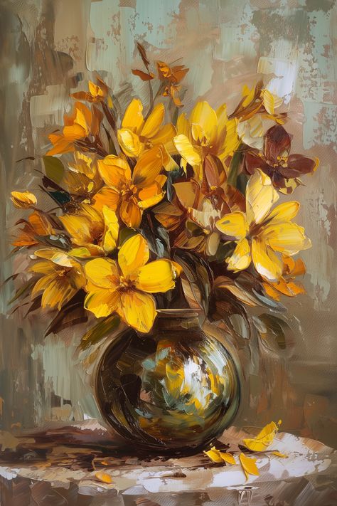 Ideas For Large Canvas Paintings, Painting Ideas Oil Paint, Oleo Painting Ideas, Simple Oil Painting Ideas, Vase With Flowers Painting, Still Life Painting Ideas, Still Life Canvas Painting, Fall Acrylic Painting Ideas, Flower Vase Still Life