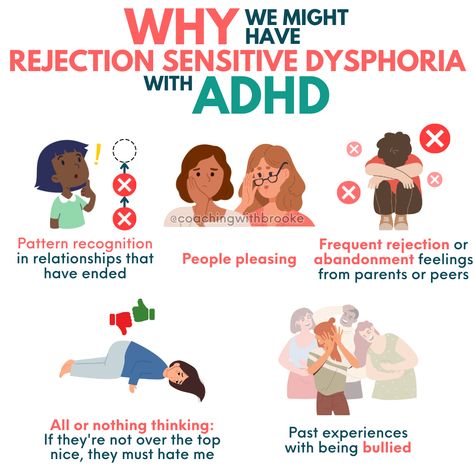 Just a few of the many reasons why ADHDers might feel RSD.   👉RSD (Rejection Sensitive Dysphoria) is an extreme, overwhelming emotional response to criticism, teasing, feedback, or rejection. Perceived or real.  If you're ready to manage your ADHD symptoms while harnessing your strengths, get matched with one of our certified ADHD coaches!  http://bit.ly/cwbapply  #adhdcoach #adhd #adultadhd #adhdisreal #adhdwomen #adhdprobs Rejection Sensitive Dysphoria, Child Development Psychology, Emotional Response, Mental Health Facts, Mental Health Therapy, Mental Disorders, Free Webinar, Mental And Emotional Health, Health Facts