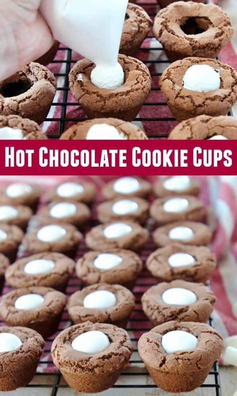 Delicious hot chocolate cookies are baked into cute little cups & filled with marshmallow creme for a fun, easy dessert recipe, perfect for the holidays! #chocolatecookies #easydessert Mini Cookie Cups Recipe, Hot Chocolate Dessert Recipes, Christmas Finger Desserts, Mini Cookie Cups, Hot Chocolate Cookies Recipe, Hot Chocolate Cookie Cups, Cup Desserts, Chocolate Cookie Cups, Hot Chocolate Desserts