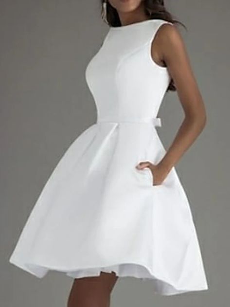 A-Line Cocktail Dresses Minimalist Dress Valentine's Day Wedding Guest Knee Length Sleeveless Boat Neck Satin V Back with Sleek Bow(s) Pure Color 2024 2024 - $112.99 Katb Ketab, White Dresses Graduation, Cheap Cocktail Dresses, Minimalist Dress, Cocktail Dresses Online, A Line Cocktail Dress, Valentines Day Dresses, Minimalist Dresses, Cocktail Party Dress