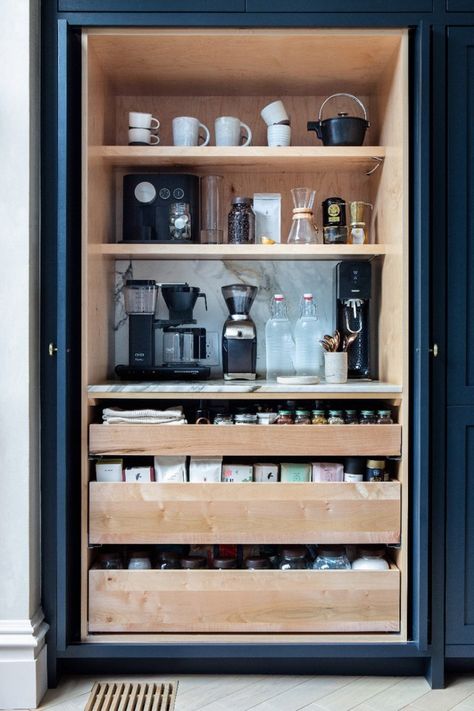 5 Kitchen Coffee Station Ideas to Optimize Your Caffeine Routine | LOTS OF STORAGE INSIDE POCKET DOORS | It’s the little details like this one has that make designing a coffee station for yourself exciting. Kaffe Station, Desain Pantry Dapur, Organiser Cucina, Reka Bentuk Dalaman, Coffee Station Kitchen, Interior Dapur, Tea Station, Bar In Casa, Desain Pantry