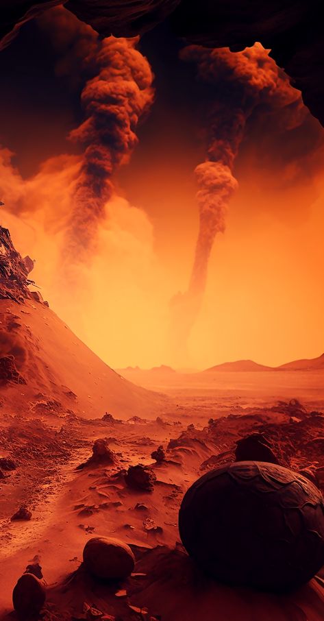 This striking image captures the fiery landscape of Mars, a seemingly endless expanse of red desolation with massive tornadoes swirling in the background. It's as if you've been transported to the gates of Hell, witnessing the power of the planet's violent dust storms. The image is a testament to the raw beauty and harsh reality of our neighboring planet. #Mars #redplanet #space #astronomy #cosmology #planet #imagination #cosmos #universe #iphonewallpaper Mars Sci Fi, Mars Planet Wallpaper, Mars Background, Mars Alien, Mars Landscape, Mars Aesthetic, Mars Wallpaper, Red Mars, Mars Planet