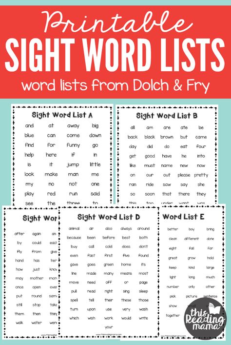 FREE Printable Sight Words List - word lists from Dolch Sight Words and Frys Sight Words | This Reading Mama Free Printable Sight Words, Printable Sight Words, High Frequency Word List, Dolch Sight Word List, Sight Words Printables, Words List, Reading Materials, Sight Words List, Dolch Sight Words