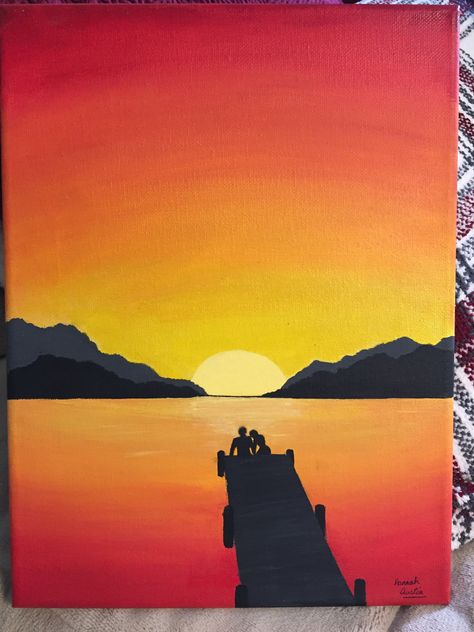 Sunset Painting With People, Sunset Couple Painting Easy, Scenery Spot Drawing, Sunset With Mountains Painting Easy, Sunset Water Drawing, Mountain Sunset Painting Easy, Monochromatic Painting Ideas, Sunset Drawing Easy, Birthday Paintings