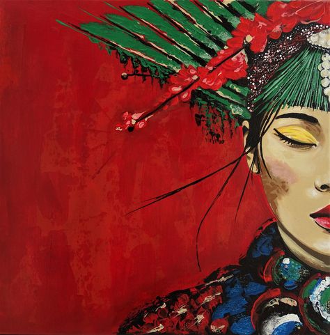 Red moment Original Livien Rózen Art, Painting (40x40 cm) #portrait #painting #art #faceportrait #Impressionism #moody #contemporaryart #fineart #livienrozen #fashion #expressiveface #womenartists #acrylicpainting #japanesemale #worldculture #headress Red Artwork Painting, Red Nature Painting, Red Theme Acrylic Painting, Red Portrait, Woman In Red Dress Painting, Red And Blue Portrait Painting, Red Art, Fashion Painting, Bird Drawings