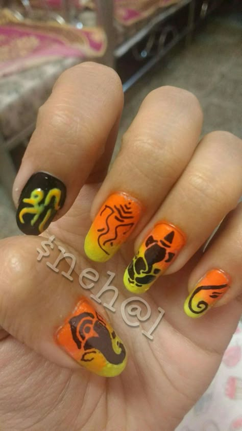 Nailart : Inspired by Ganpati Bappa Ganpati Bappa Nail Art Designs, Lord Ganesha Nail Art, Ganesh Nail Art Design, Ganesh Chaturthi Nail Art Designs, Ganpati Bappa Nail Art, Ganpati Nails Design, Ganesh Chaturthi Nail Art, Ganesh Nail Art, Ganpati Nail Art