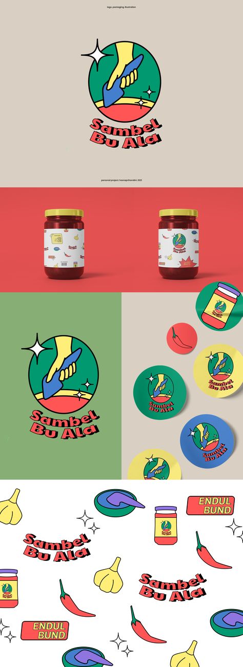 things I want to point out about the brand identity, such as homemade sambel, and "spesial sambel bawang". 

the logo illustrated "muntu" which is the traditional home tool used to mashed the chili. and to highlight the "spesial sambel bawang" it's illustrated by garlic and chili for the illustration elements.

the colors are vibrant to follow the trend and more eye-catching for teenagers and young-adult.
the slogan "endul bund" also follows the trend of slang words which means extra lit. Sambal Packaging Design, Logo Sambal Design, Sambal Packaging, Logo Sambal, Sambal Logo, Chili Logo, Chili Pasta, Packaging Illustration, Social Media Design Inspiration