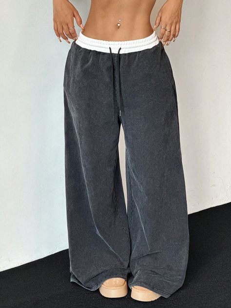 Women's Contrasting Color High-Waist Fried Snowflake Wide-Leg Sweatpants Dark Grey    Knitted Fabric Colorblock,Plain Wide Leg Slight Stretch  Women Clothing, size features are:Bust: ,Length: ,Sleeve Length: Dark Gray Sweatpants, Aeropostale Sweatpants, Jeans Boots Outfit, Cute Sweats, Cute Bottoms, Workout Sweatpants, Women Sweatpants, Baggy Sweatpants, Y2k Pants