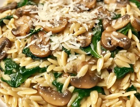 Garlic Parmesan Orzo with Spinach and Mushrooms Orzo With Spinach And Mushrooms, Quick And Easy Orzo Recipes, Spinach Rice Pilaf, Creamy Mushroom Orzo, Spinach Mushroom Orzo, Orzo And Spinach Recipes, Orzo Parmesan, Garlic Parmesan Orzo, Orzo With Spinach