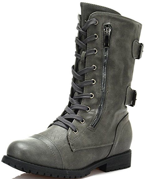 DREAM PAIRS Women's Terran Grey Mid Calf Built-In Wallet Pocket Combat Boots - 8 M US Stylish Boots For Women, Military Combat Boots, Combat Boots Style, Military Combat, Stylish Boots, Only Shoes, Kinds Of Shoes, Womens Knee High Boots, Chunky Boots