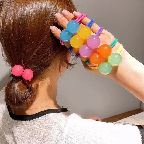 Ball Hair Ties Hairstyles, Elastic Hair Bands Hairstyles, Ball Hair Ties, Ball Hair, Geometric Crystal, Candy Balls, Rope Hair, Ball Hairstyles, Hair Rubber Bands