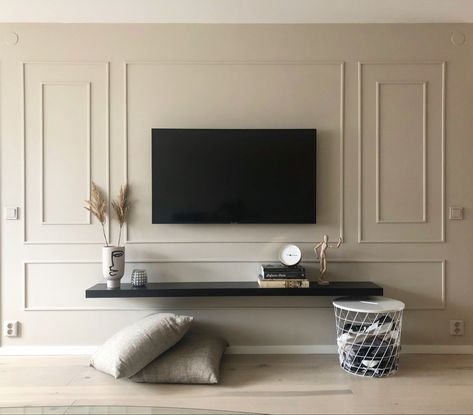 Tv Unit Accent Wall, Frame Molding Tv Wall, Tv Wall With Mouldings, Box Molding Tv Wall, Wall Moulding Around Tv, Panelling On Tv Wall, Wall Paneling Around Tv, Crown Molding Tv Wall, Box Molding Around Tv