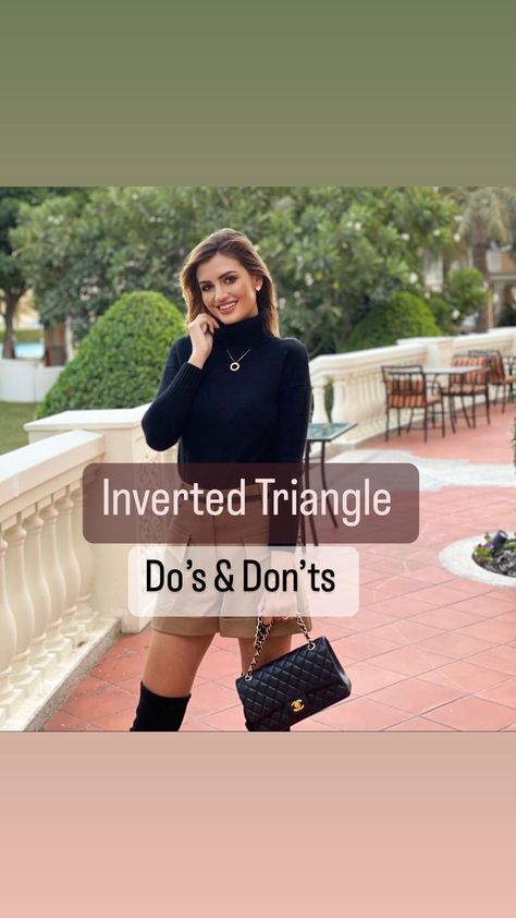 Get YOUR FREE STYLE GUIDE “5 Easy Steps To Elevate Your Outfits” by clicking the link in my bio. Inverted triangle do’s and don’ts. I am a… | Instagram Inverted Triangle Eye Makeup, Outfit Inspirations Inverted Triangle, Inverted Triangle Skirt Outfits, Outfit For Narrow Hips, Inverted Triangle Haircut For Women, Winter Outfits For Inverted Triangle, Best Outfits For Inverted Triangle Shape, Introverted Triangle Body Outfit, Petite Broad Shoulders