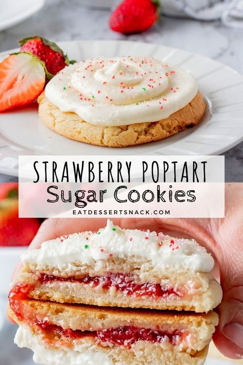 Cookie Stuffed Cookies, Strawberry Jam Shortbread Bars, Poptart Cookie Recipe, Pop Tart Cookie Recipe, Crumbl Strawberry Milk Cookie Copycat, Salporanz Cookies Recipe, Baking With Strawberry Jam, Cookies With Strawberry Jam, Crumble Cookie Copycat Recipe Strawberry