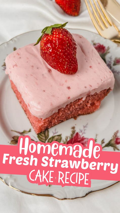 This easy strawberry cake recipe, using real strawberries and a helping hand from a box of strawberry gelatin, creates an incredibly fluffy cake, with a moist, tender crumb.  And baking this as a sheet cake, makes this even easier and faster! Strawberry Cake Without Strawberries, Strawberry Cake With White Box Cake, Homemade Strawberry Cake Recipe, Strawberry Cake Recipes Homemade, How To Make Strawberry Cake, Strawberry Box Cake Recipes, Moist Strawberry Cake Recipe, Strawberry Cake Recipe From Scratch, Strawberry Sheet Cake Recipe