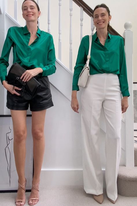 Leather Shorts With Button Down Shirt, Green Blouse Outfit Ideas, Silk Shirt And Shorts Outfit, Green Silk Blouse Outfit, Green Silk Shirt Outfit, Royalty Dress Aesthetic, Green Shirt Outfit Ideas, Green Blouse Outfit, Business Casual Work Outfits