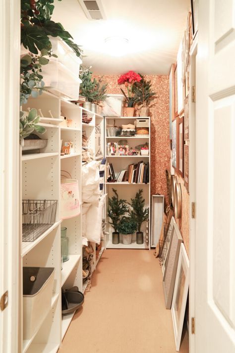 Storage Inside Closet, Home Decor Closet Storage Ideas, Seasonal Decor Organization Storage Ideas, Home Decor Storage Room, Seasonal Storage Closet, Holiday Storage Closet, Organize Storage Closet, Hosting Closet, Christmas Decor Storage Ideas