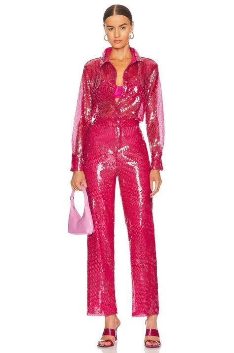 V-Day Outfit - Hot Pink Jacket Pants Suit Red Blazer Dress, Crimson Dress, Embellished Fabric, Satin Shirts, Hot Pink Tops, Flirty Dresses, Valentines Outfits, Valentine's Day Outfit, Embellished Top