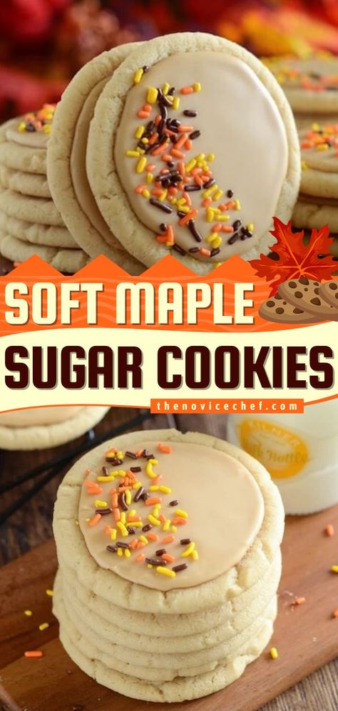 Soft Maple Sugar Cookies, halloween treats, easy desserts for a crowd Sugar Cookie Recipe Soft, Frosted Sugar Cookie Recipe, Easy Dessert For A Crowd, Pumpkin Sugar Cookies Decorated, Sugar Cookies Halloween, Maple Sugar Cookies, Easy Desserts For A Crowd, Maple Desserts, Maple Icing