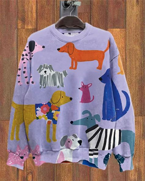 Solid Color Round Neck Irregular Hem Midi Dress Paint Sweatshirt, Dog Sweatshirt, Pet Fashion, Style Hoodie, Linen Style, Cartoon Dog, Dog Print, Cozy Fashion, Clothes Collection