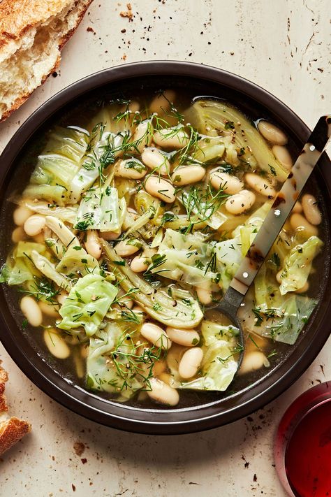 A zippy (there’s lemon), hearty (those beans), and herbaceous (yes dill and parsley!) soup to warm your bowl any time of year. Vegetarian Dumpling Soup, Soup With Cabbage, Vegetarian French Onion Soup, Healthy Soup Vegetarian, Soup Recipes Healthy Vegetarian, Vegetarian Dumpling, Asian Chopped Salad, Dill Recipes, Vegetarian Chili Recipe