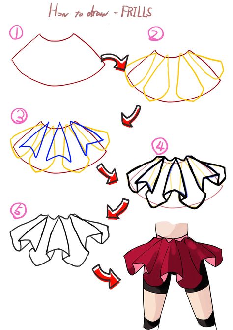 Skirt Frills Drawing, Frills Drawing Reference, How To Draw Ruffles On A Skirt, Skirt Tutorial Drawing, How To Draw Ruffles, Shoe Study, Ruffles Drawing, Different Drawing Styles, Cloth Ideas