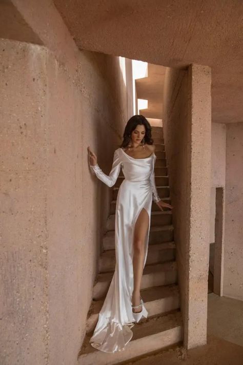 Katherine Tash Jules by Katherine Tash. Silk Wedding Dress With Sleeves Classy, Silk Wedding Dress With Sleeves Satin, Liquid Silk Wedding Dress, Long Sleeve Silk Wedding Gown, Long Sleeve Silk Wedding Dress, Vestuvines Sukneles, Wedding Silk Dress, Katherine Tash, Silk Wedding Gown