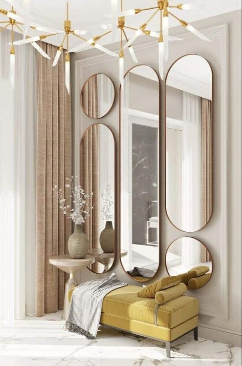 Dressing Table Ideas Modern Full Mirror, Mirror Wall Decor Entrance, Art Deco Bathroom, Foyer Design, Lobby Design, Christmas Room Decor, Home Entrance Decor, Home Design Living Room, Luxury Homes Interior